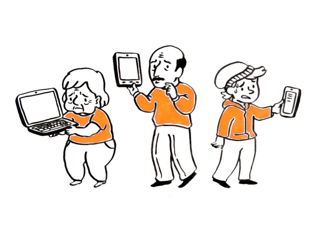 Piirretty kuva. Naisella kädessä tietokone, miehellä kädessä tabletti ja pojalla kädessä mobiililaite. Kaikkien ilme on tuskainen.