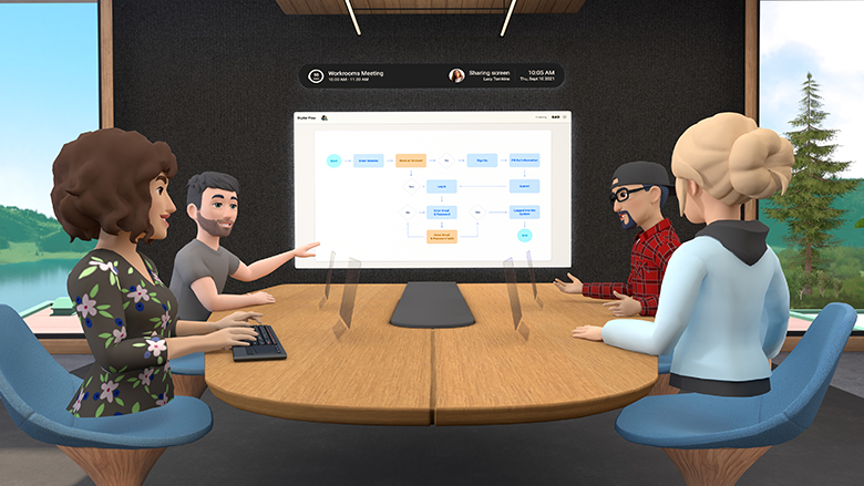 Virtual Reality Meeting. Four Avatars are discussing together.