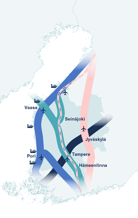 Karttakuva Länsi-Suomen keskeisistä liikenneväylistä.