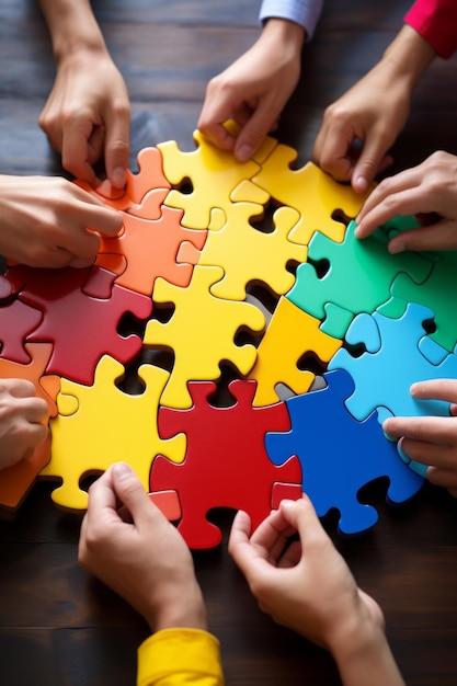 Kädet, jotka kokoavat palapeliä. Hands putting together a puzzle.