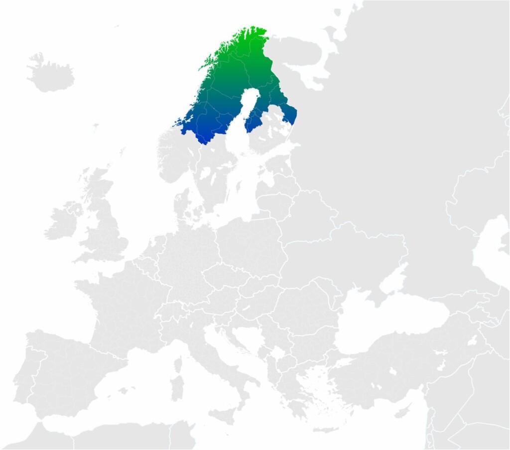 Karttakuva, jossa Suomen, Ruotsin ja Norjan pohjoisosat on merkitty eri värillä.
