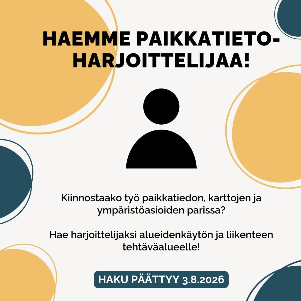 Banneri, jossa teksti "Haemme paikkatietoharjoittelijaa".