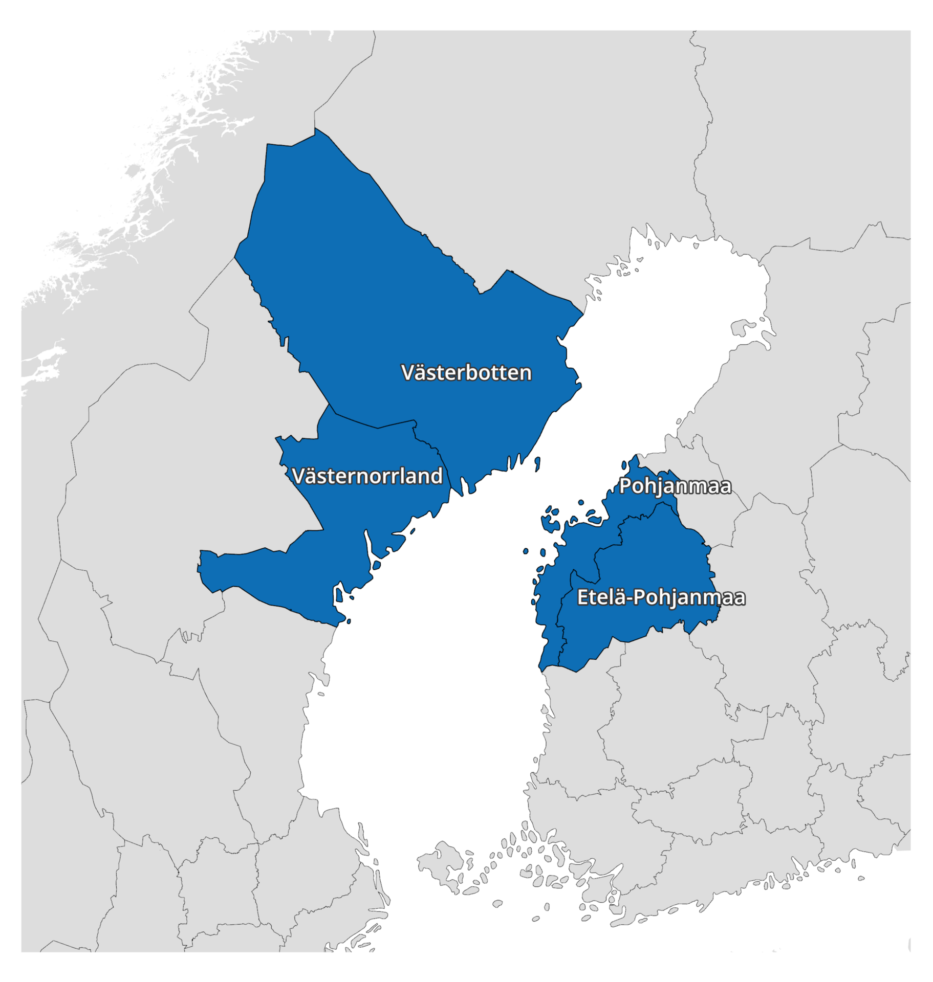 Suomen ja Ruotsin kartta, jos on korostettu Etelä-Pohjanmaa, Pohjanmaa sekä Västerbotten ja Västernorrland.